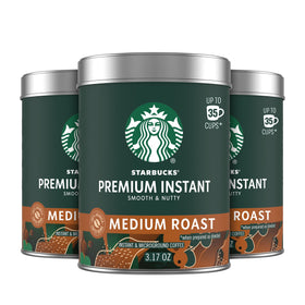 Starbucks Premium Instant Coffee tins front view, convenient three-tin bundle for quick cups.
