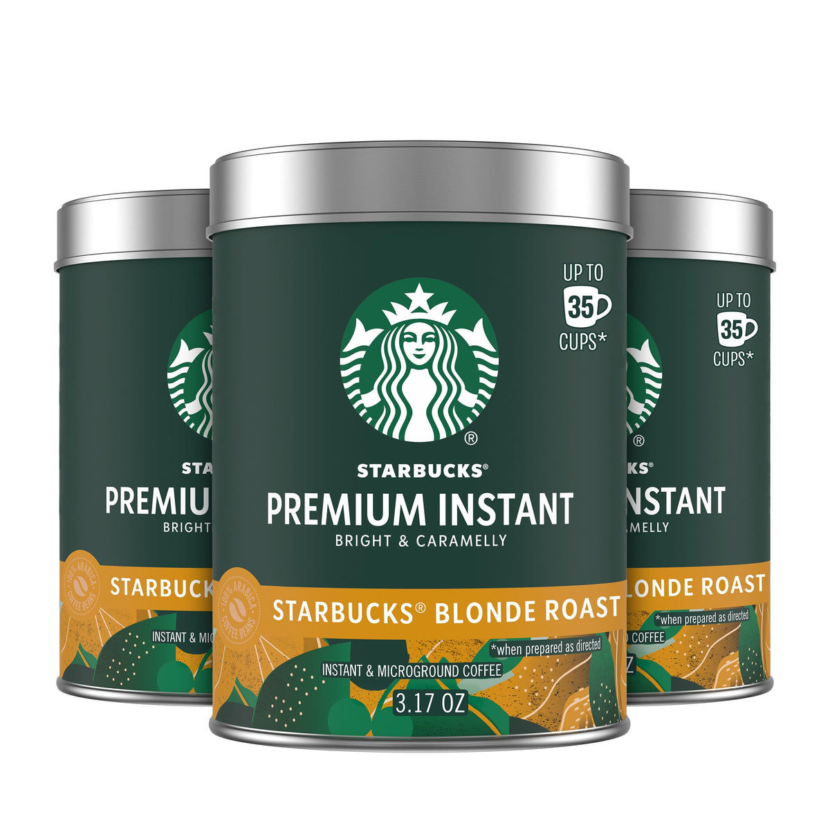 Starbucks Premium Instant Coffee pack shot showing three tins for quick mornings