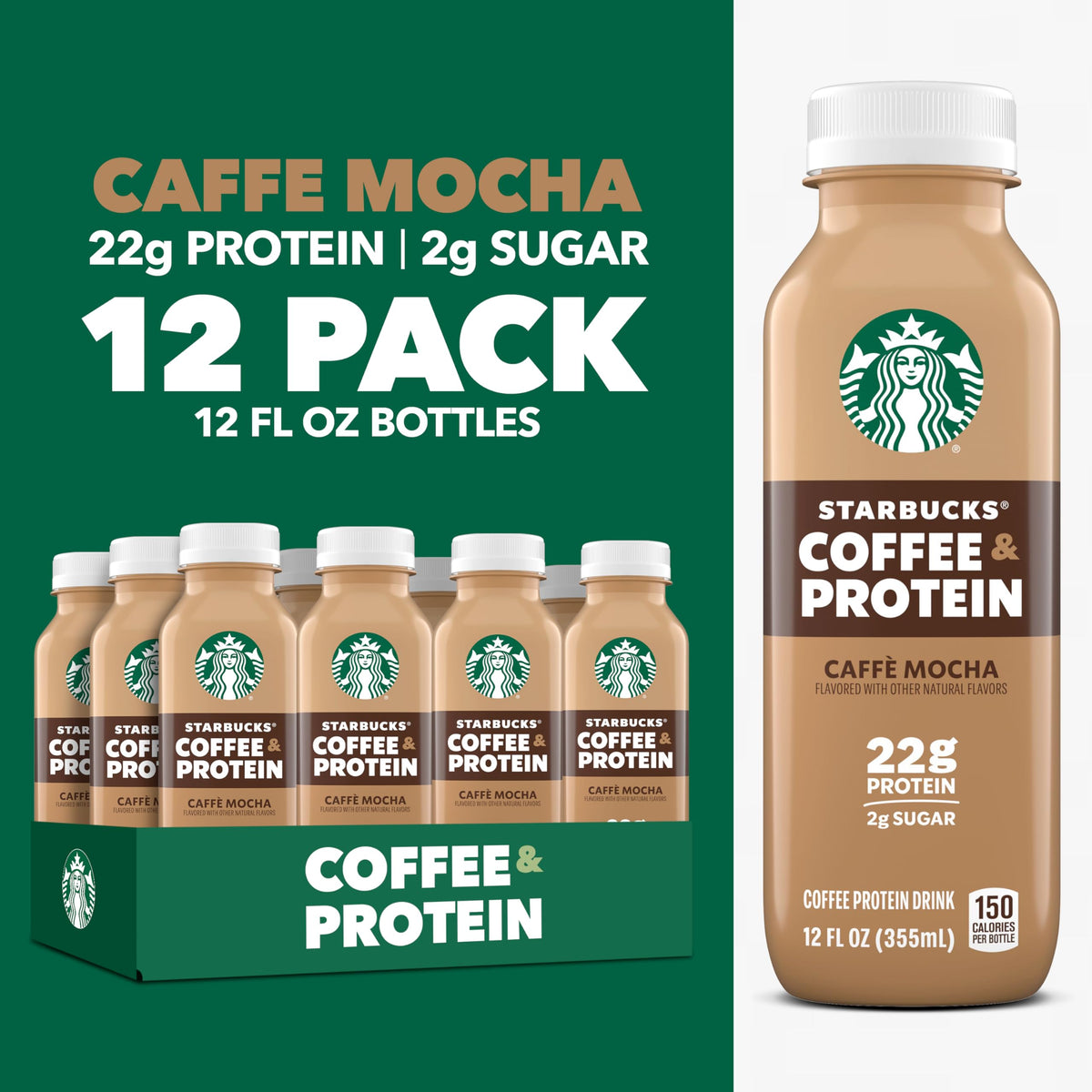 Starbucks Protein Coffee Caffe Mocha bottle label highlights 22g protein per serving.