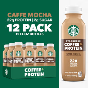 Starbucks Protein Coffee Caffe Mocha bottle label highlights 22g protein per serving.