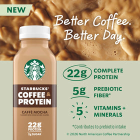 Starbucks Protein Coffee Caffe Mocha pouring shot emphasizes convenient on-the-go nutrition.