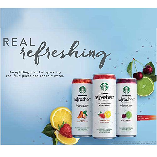 Starbucks Refreshers chilled can on ice suggesting a cool, on-the-go pick-me-up.