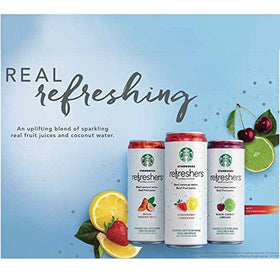 Starbucks Refreshers chilled can on ice suggesting a cool, on-the-go pick-me-up.