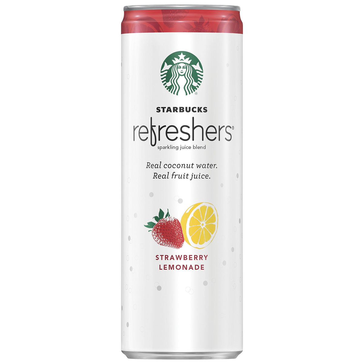 Starbucks Refreshers closeup shows a gleaming can highlighting crisp fruit flavors.
