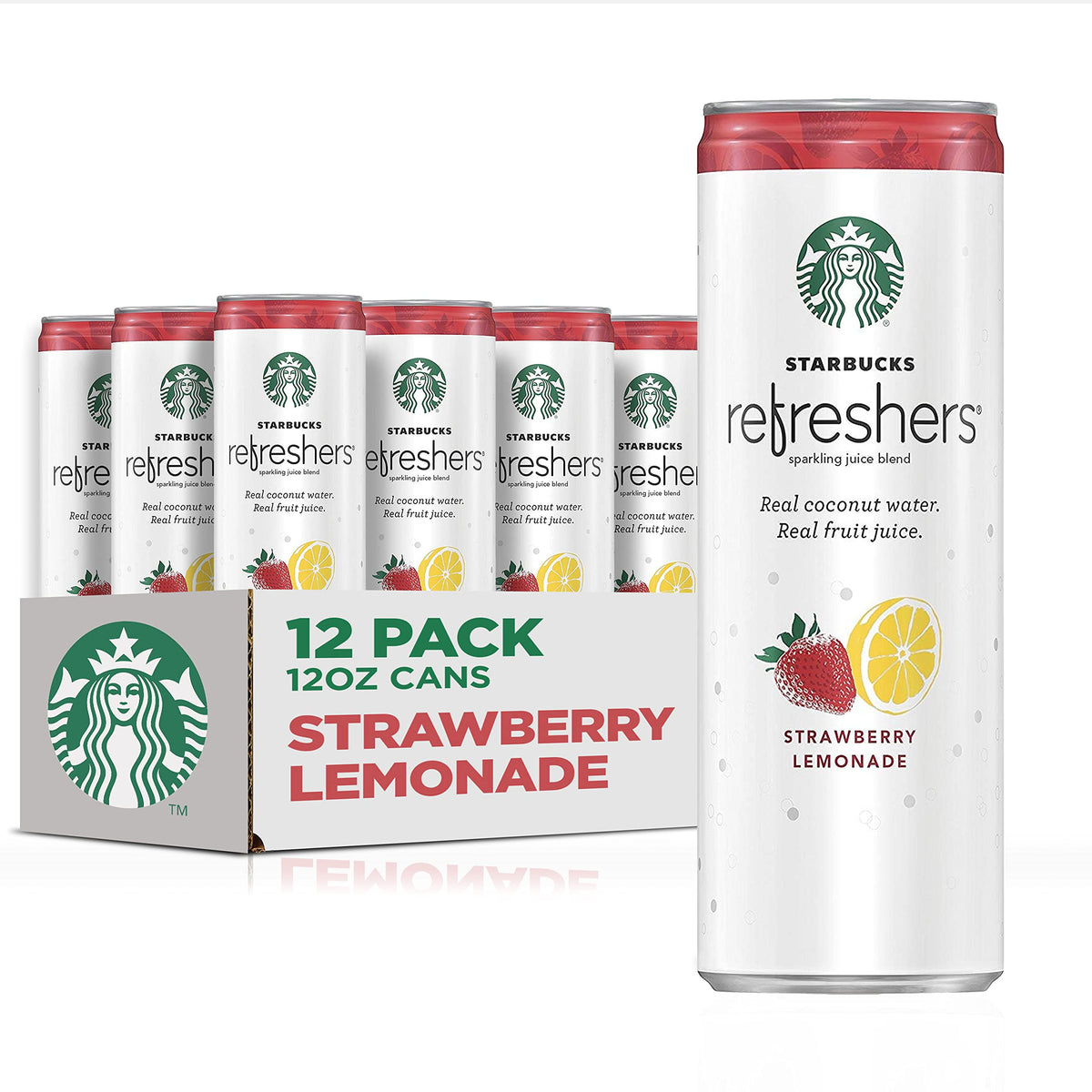 Starbucks Refreshers coconut water strawberry lemonade can, vibrant refreshment with tropical flavor lift.