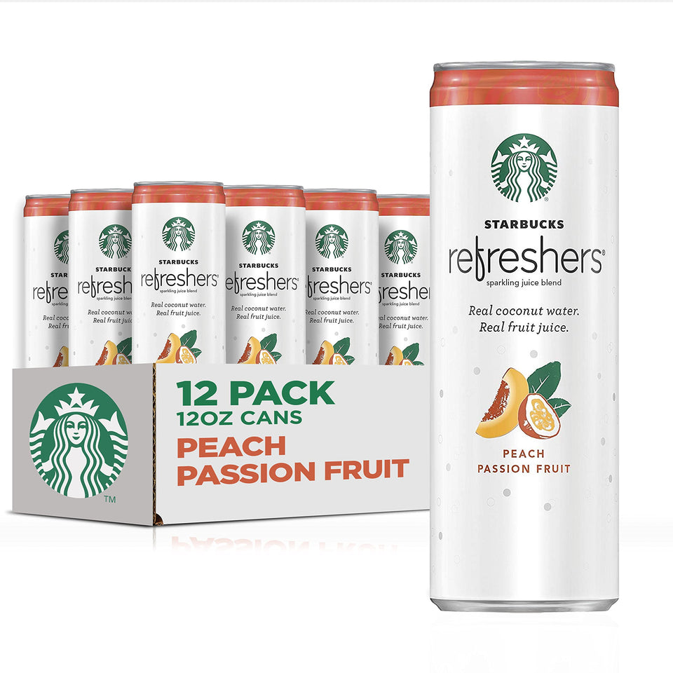 Starbucks Refreshers Peach Passion Fruit can front view for crisp refreshment