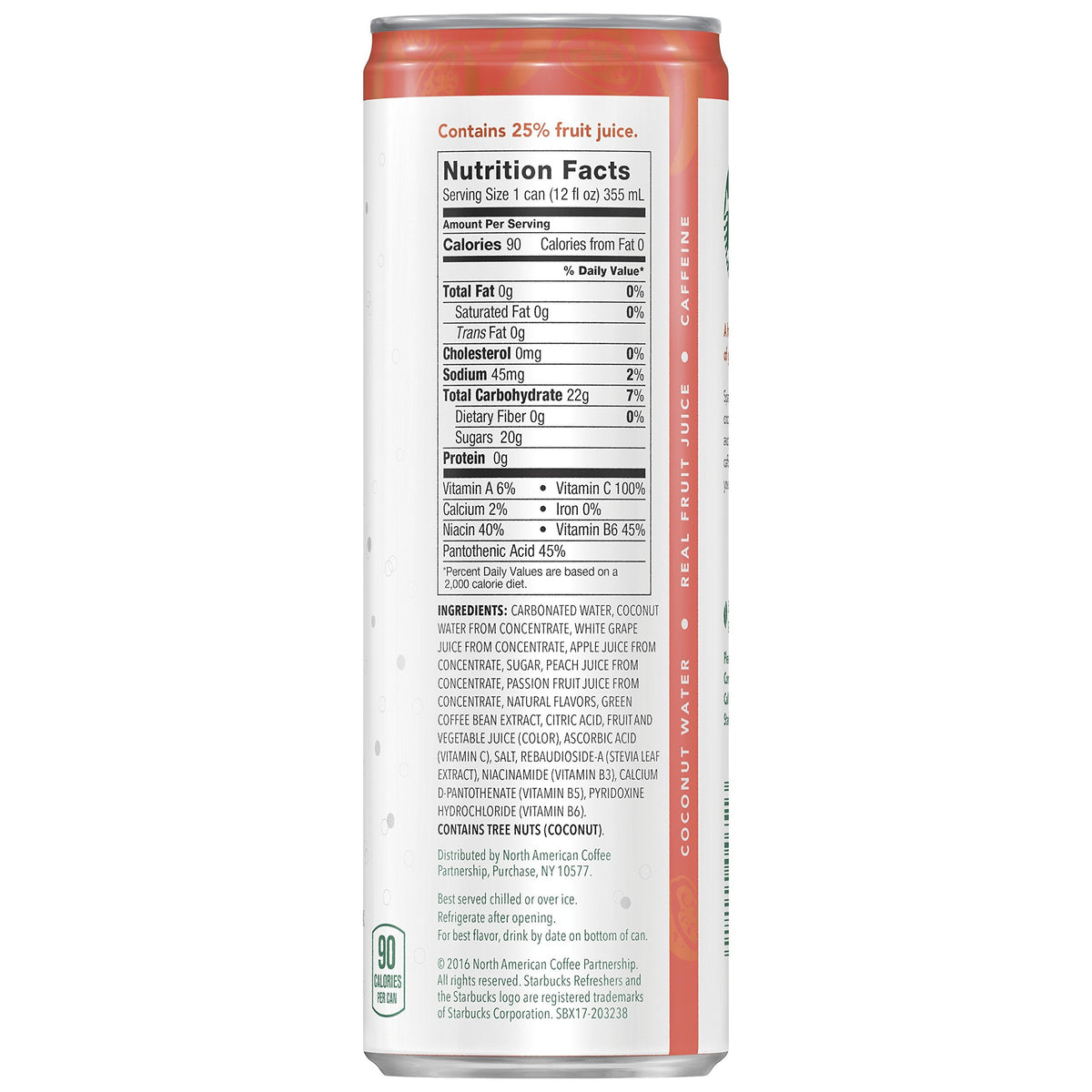 Starbucks Refreshers Peach Passion Fruit can close up ingredients view for flavor focus