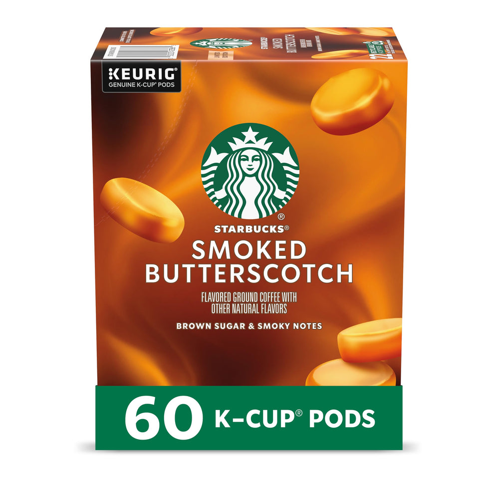 Starbucks Smoked Butterscotch K-Cup pods in a box for convenient single-serve mornings.