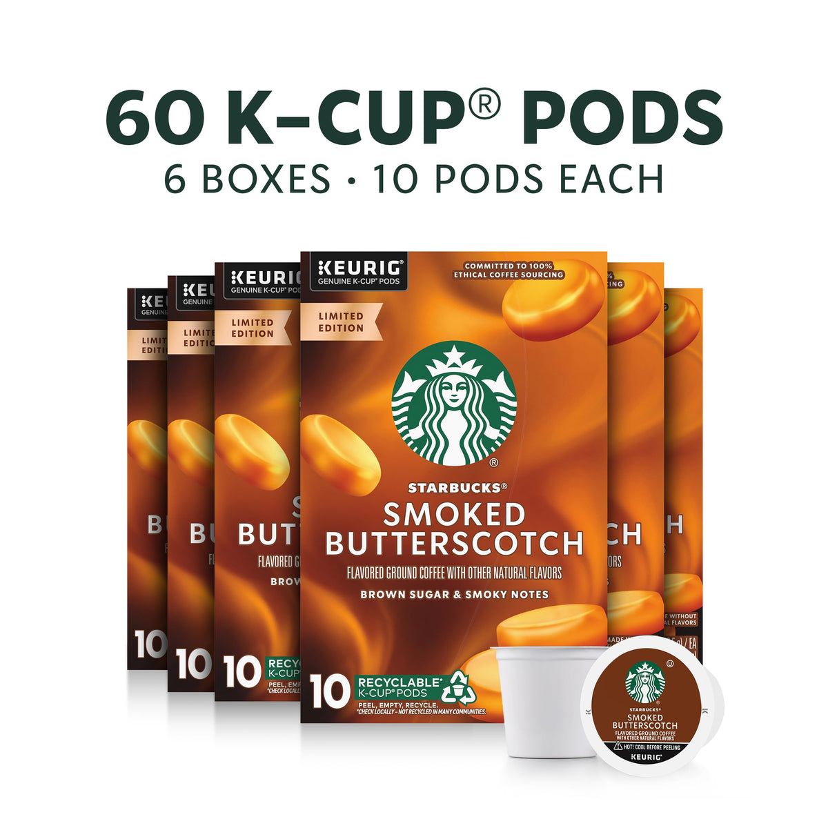 Starbucks Smoked Butterscotch K-Cup pods closeup showing rich flavor notes.