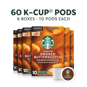 Starbucks Smoked Butterscotch K-Cup pods closeup showing rich flavor notes.