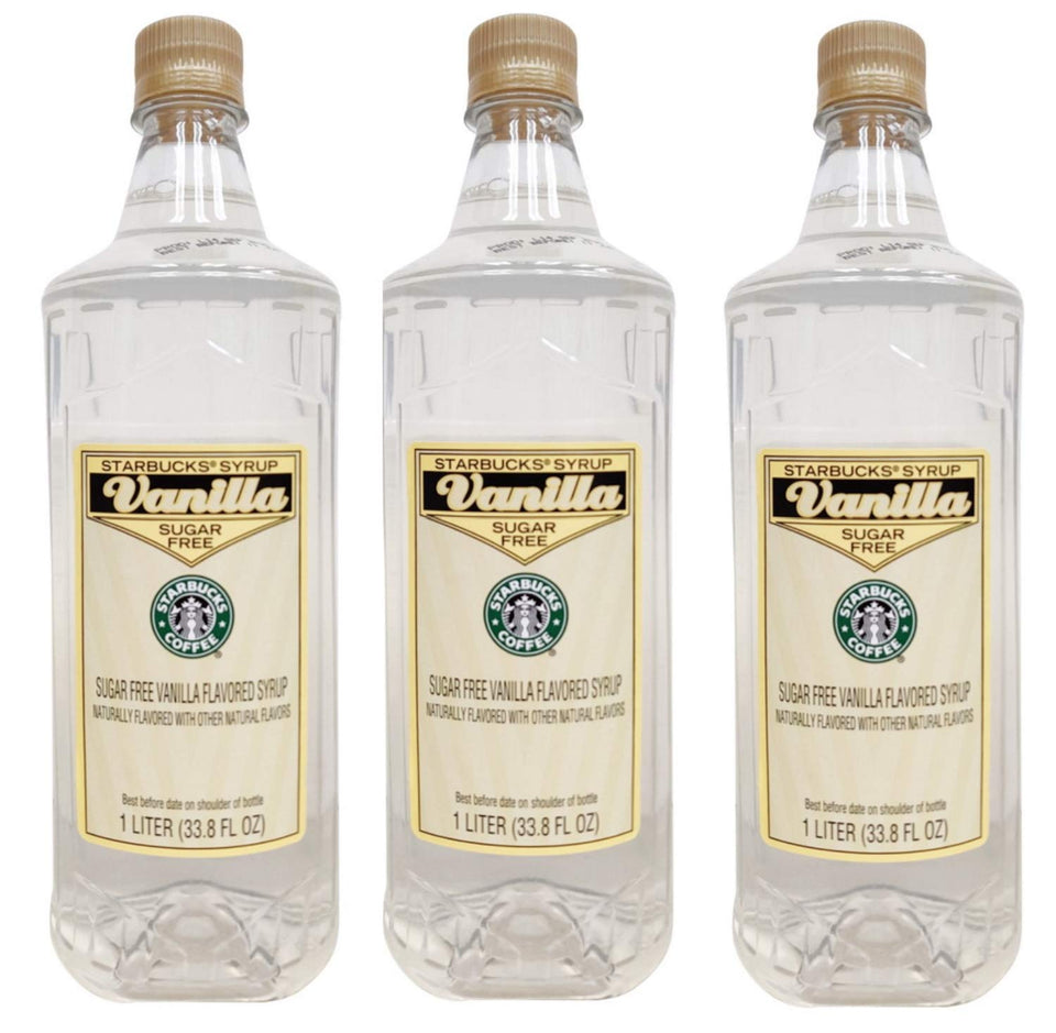 Starbucks sugar-free vanilla syrup, 3-bottle pack, enhances coffee and tea with vanilla aroma.