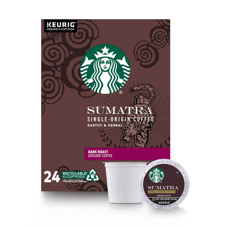 Starbucks Sumatra Dark Roast cup shows bold aroma for a morning boost.