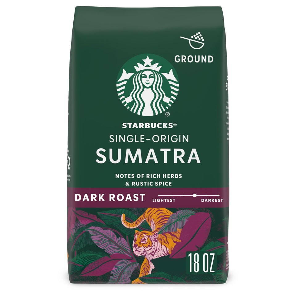 Starbucks Sumatra dark roast ground coffee 18oz bag with bold, full-bodied flavor.