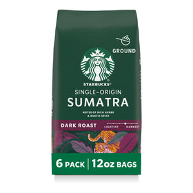 Starbucks Sumatra dark roast ground coffee bags ready for home use, bold and rich.