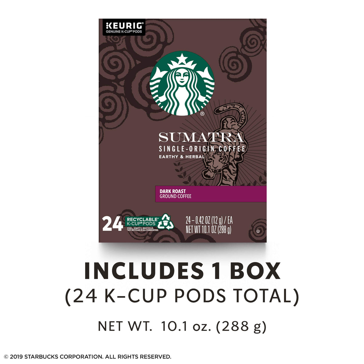 Starbucks Sumatra Dark Roast K-Cup pack highlights bold flavor.