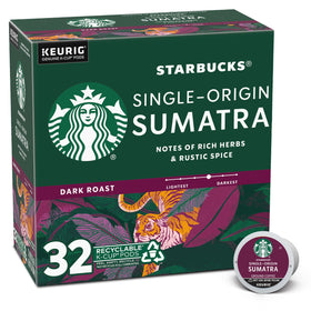 Starbucks Sumatra dark roast K-Cup box for Keurig brews with bold, full-bodied flavor.