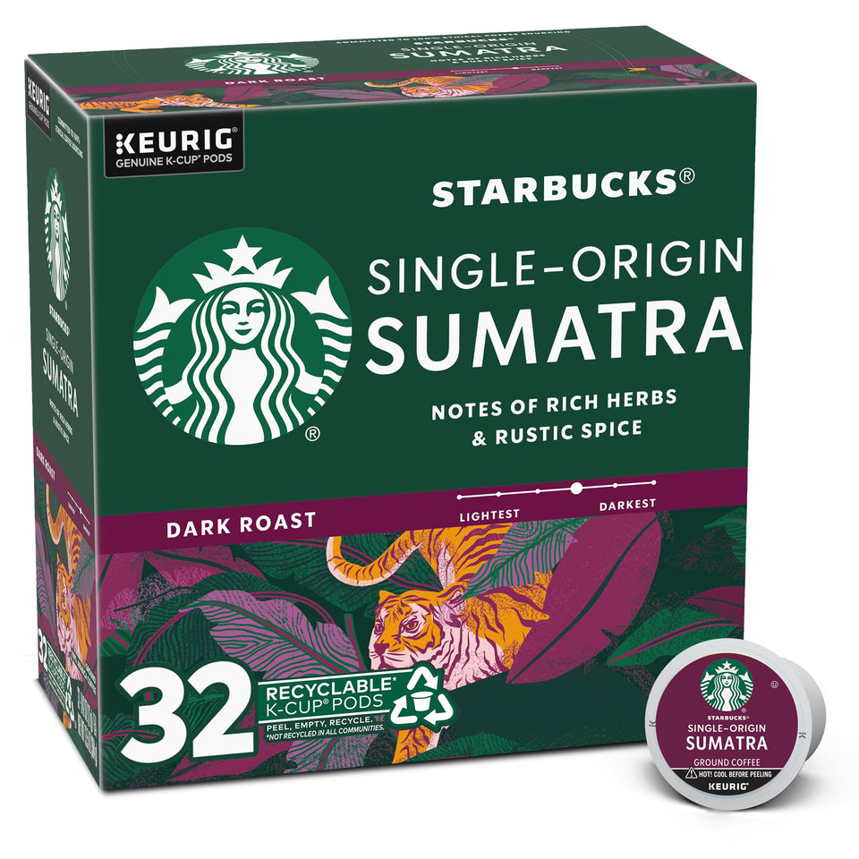 Starbucks Sumatra dark roast K-Cup box for Keurig brews with bold, full-bodied flavor.