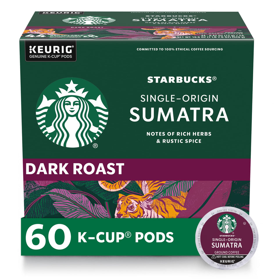 Starbucks Sumatra dark roast K-Cup pods for Keurig brewers offering bold, full-bodied flavor.
