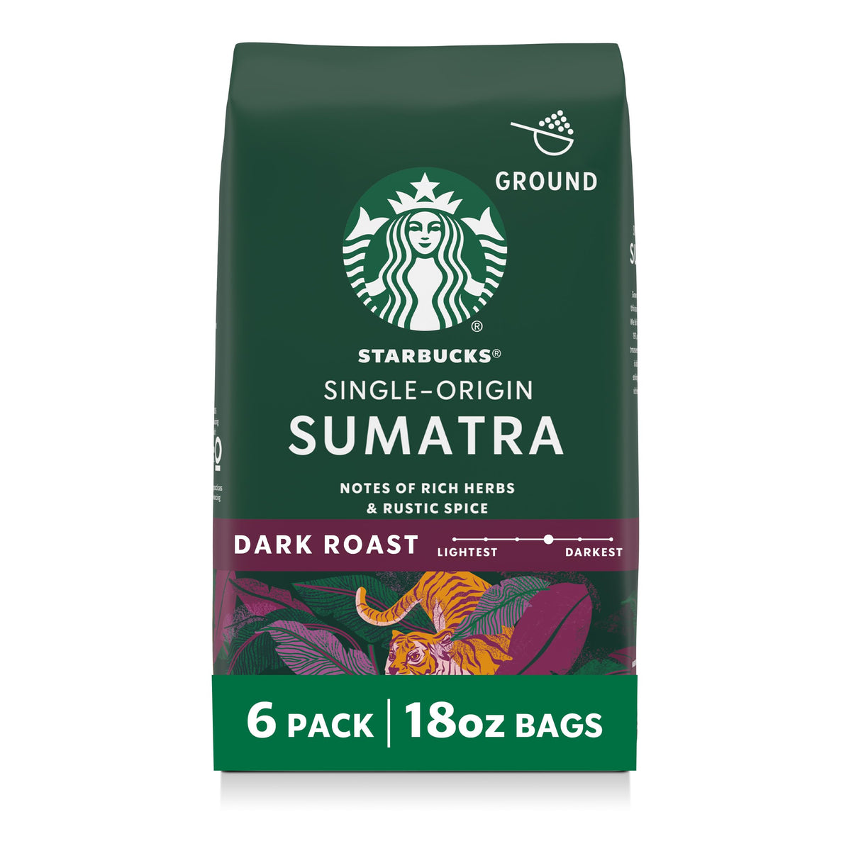 Starbucks Sumatra ground coffee front, showcasing bold, full-bodied flavor