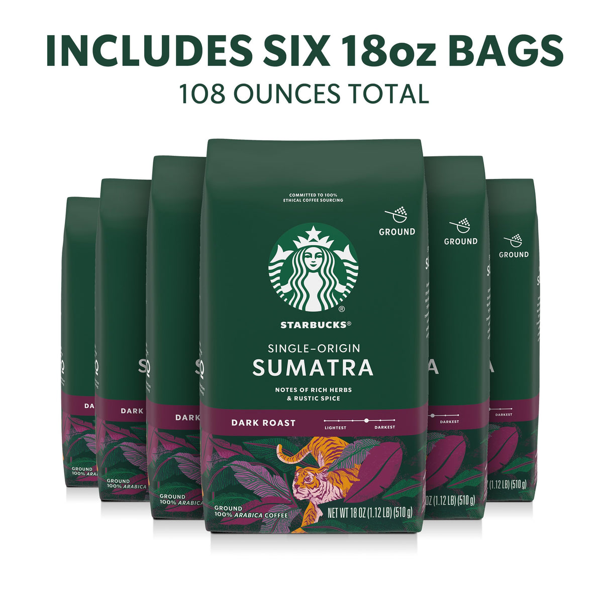 Starbucks Sumatra ground coffee—six bags open packaging reveals rich aroma for everyday brewing