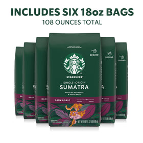 Starbucks Sumatra ground coffee—six bags open packaging reveals rich aroma for everyday brewing