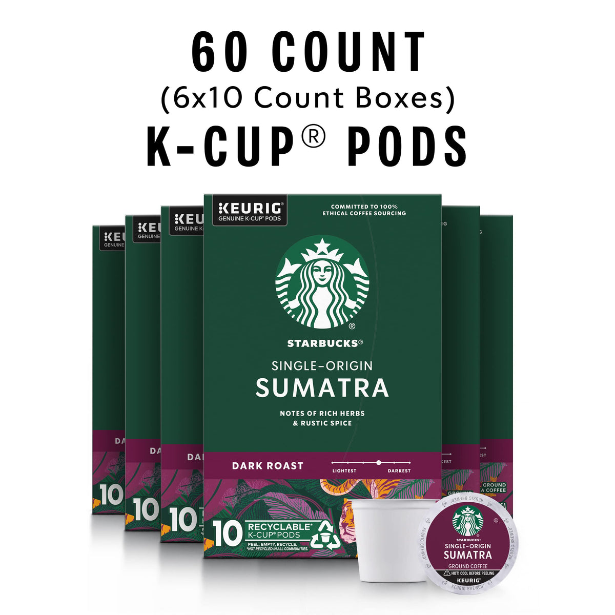 Starbucks Sumatra K-Cup packaging with six boxes for convenient daily brewing.