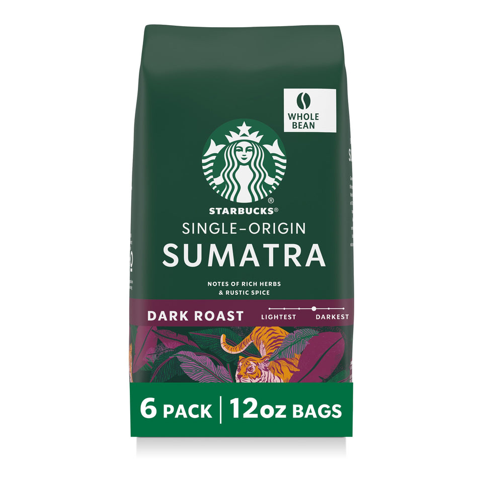 Starbucks Sumatra whole-bean bags ready for grinding and a bold morning brew