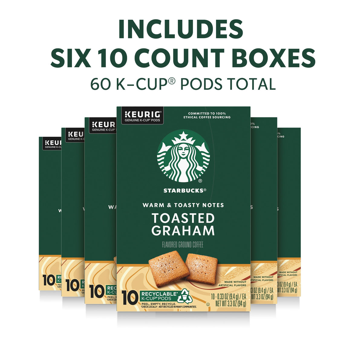 Six-pack boxes of Starbucks Toasted Graham K-Cup pods for easy stocking
