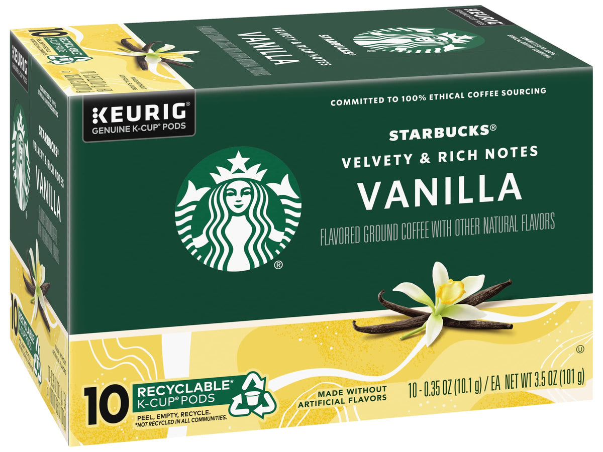 Starbucks vanilla coffee K-Cup brew captures warm vanilla notes for comforting sips.