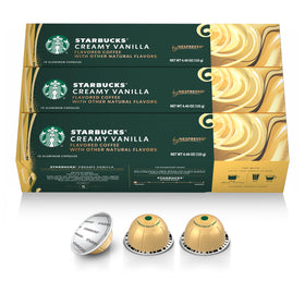 Starbucks vanilla capsules for Vertuo in box, ready for home brewing.