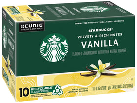 Starbucks Vanilla flavor pods in packaging highlight a convenient, flavorful Keurig experience.