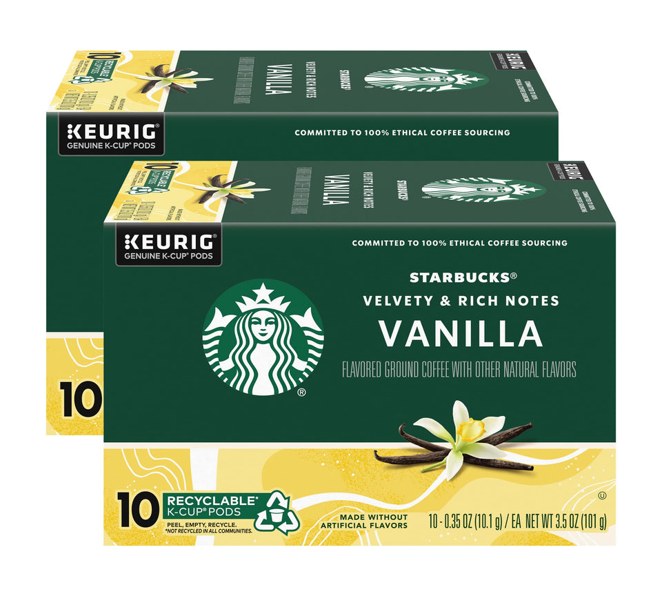Starbucks Vanilla K-Cup pods pour a silky vanilla cup, perfect for a comforting start.