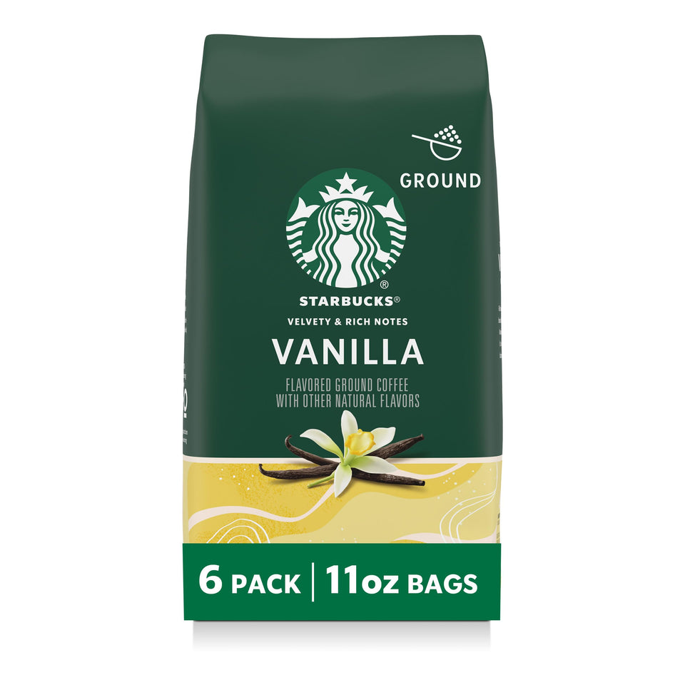 Starbucks Vanilla flavored ground coffee bags ready for home brewing, with rich aroma.