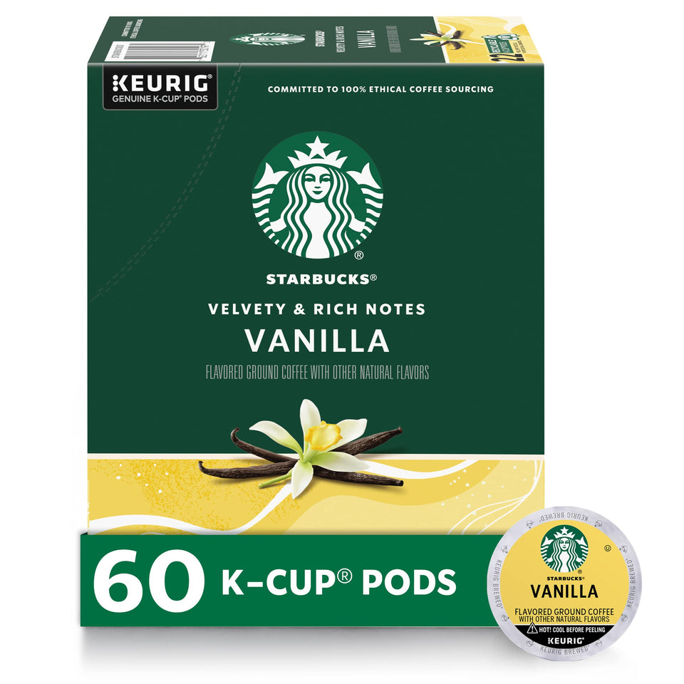 Starbucks Vanilla K-Cup pods boxed for convenient home brewing and consistent flavor.