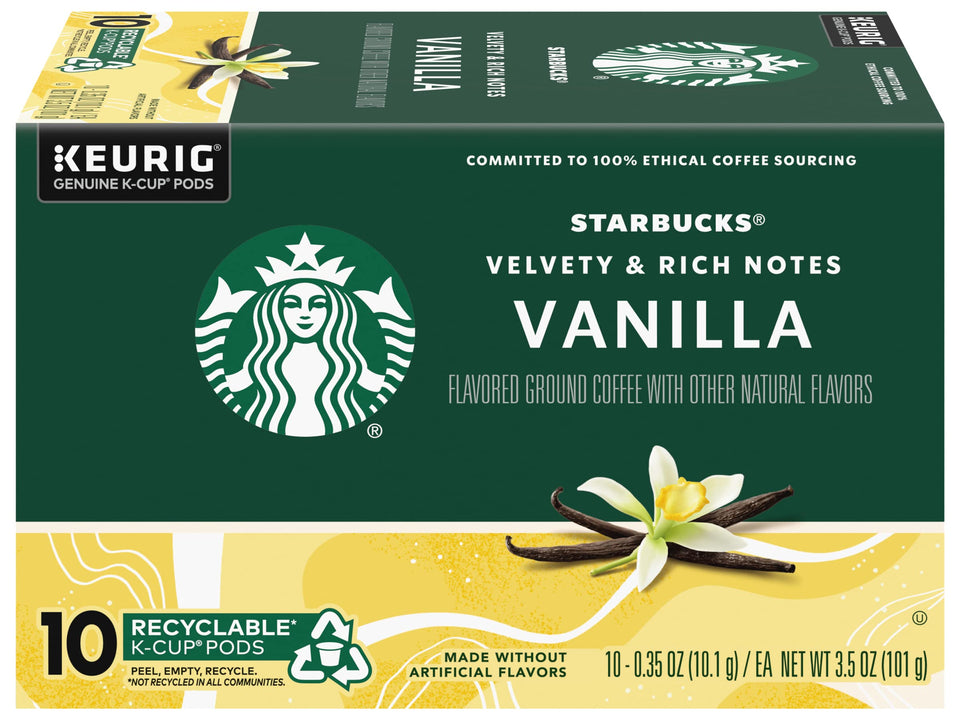 Starbucks vanilla-flavored K-Cup pods deliver a smooth morning aroma for quick brewing.