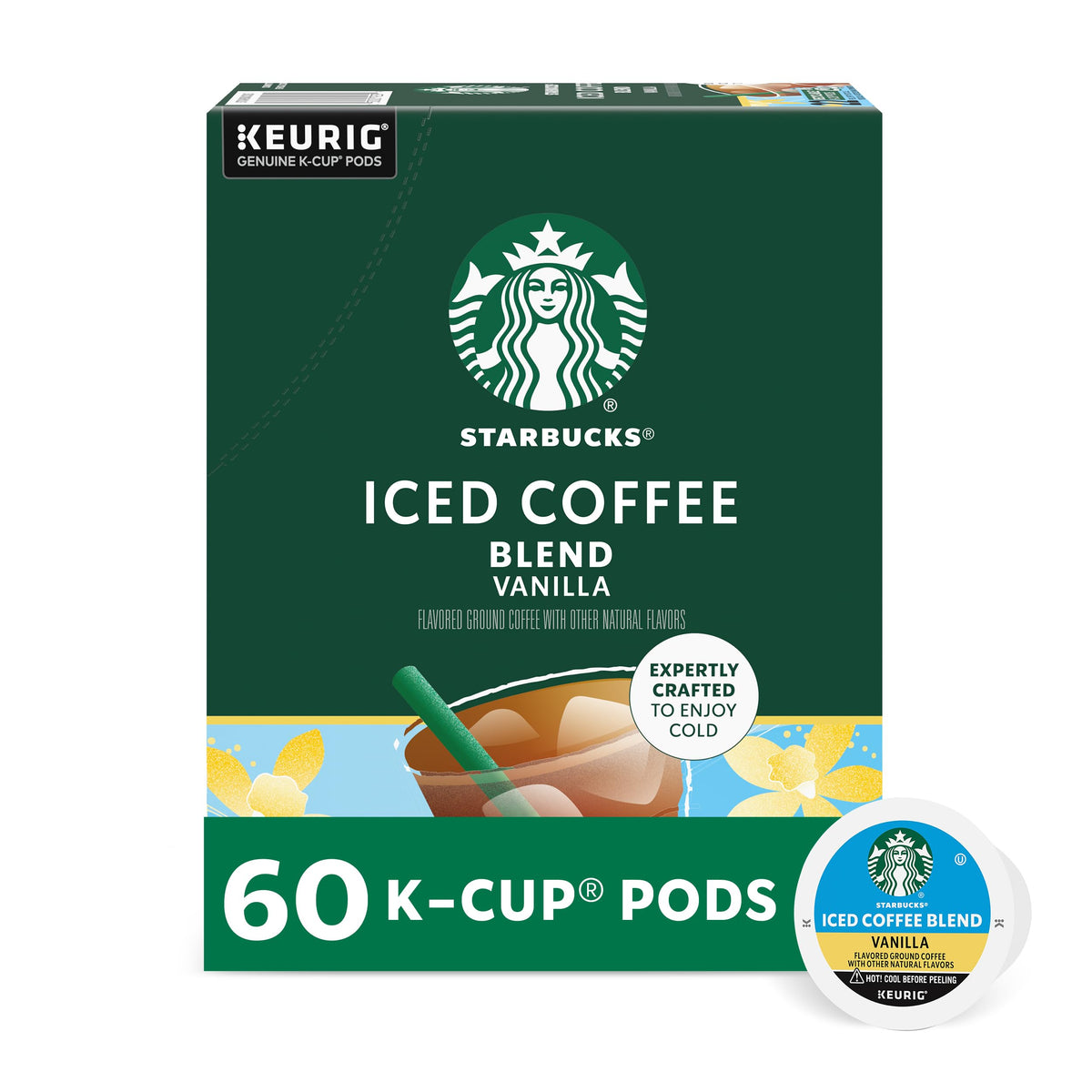 Starbucks Vanilla Iced Coffee Pod box shows a six-pack for quick iced brews.