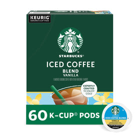 Starbucks Vanilla Iced Coffee Pod box shows a six-pack for quick iced brews.