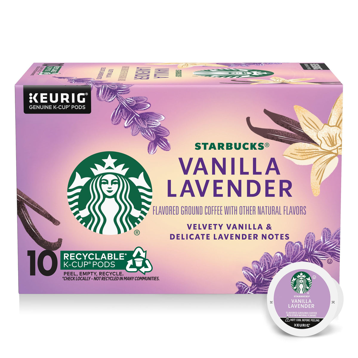Starbucks Vanilla Lavender K-Cup pods ready for home brewing with a smooth vanilla-lavender profile