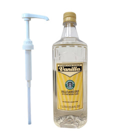Starbucks Vanilla Syrup in a white pump bottle for rich coffee and tea flavor.