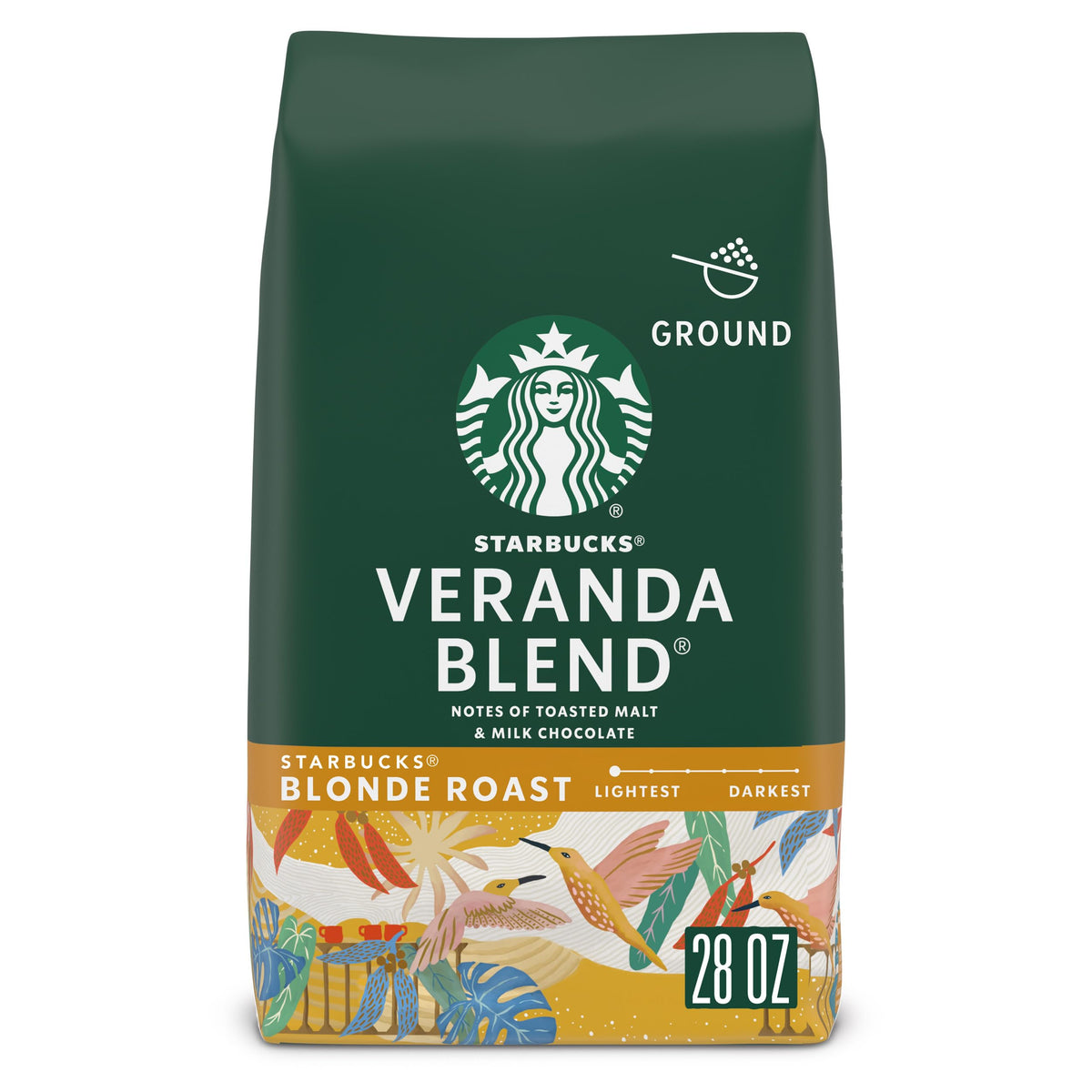 Starbucks Veranda Blend ground coffee 28 oz ready for brewing.