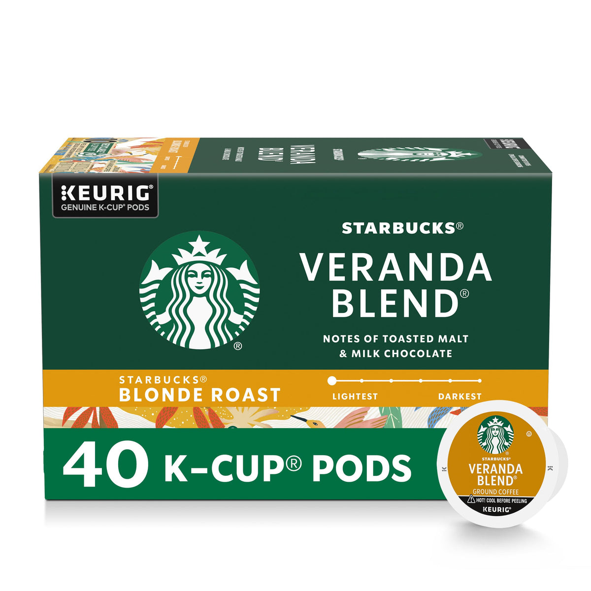 Starbucks Veranda Blend K-Cup box with 40 pods for Keurig brewers, convenient daily coffee.