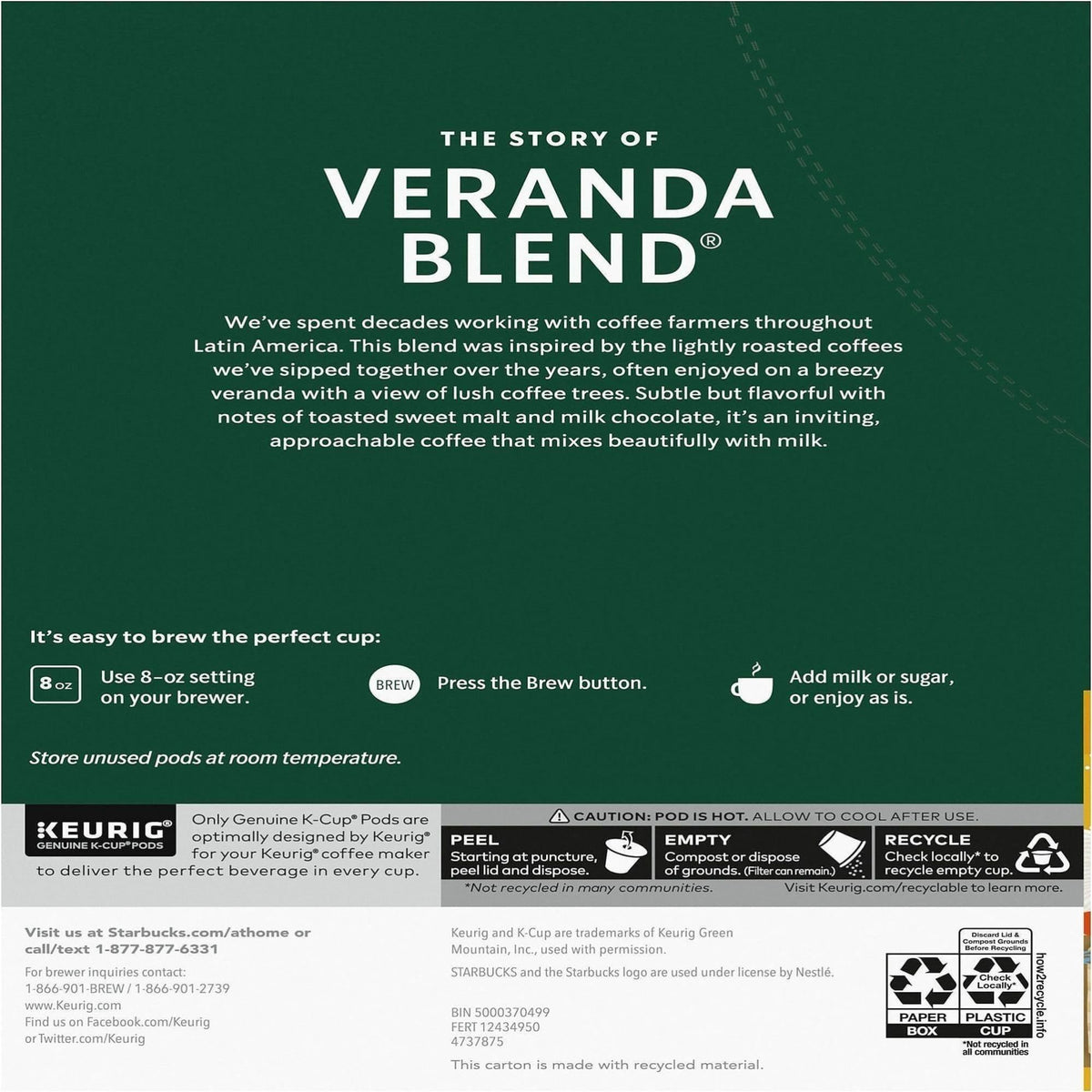Starbucks Veranda Blend K-Cup pod close-up highlighting the light roast aroma
