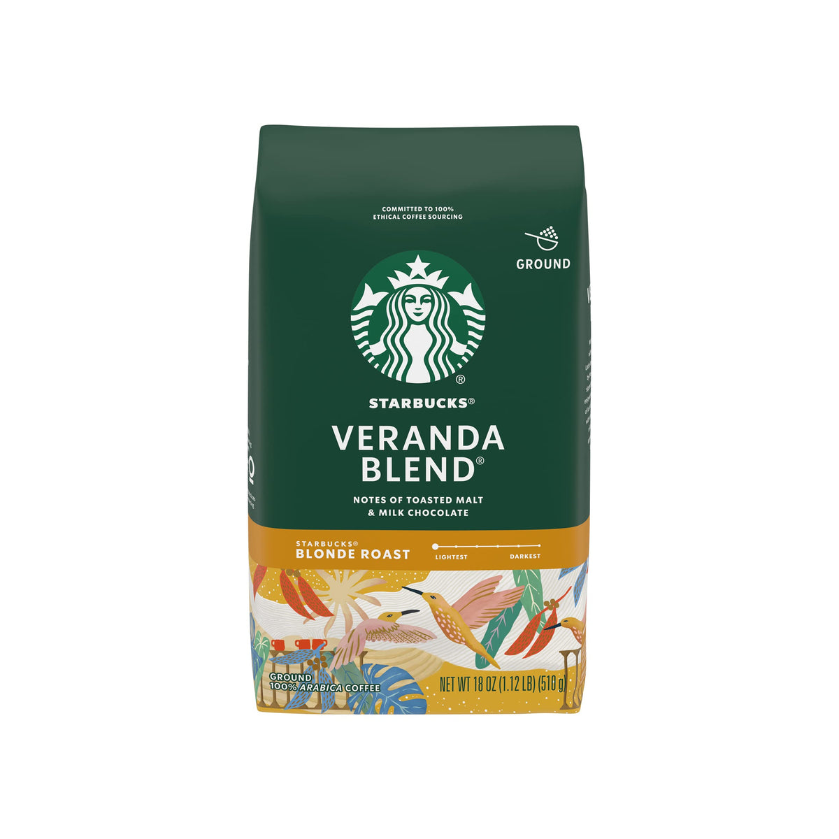 Starbucks Veranda Blend package front shows light roast and inviting aroma