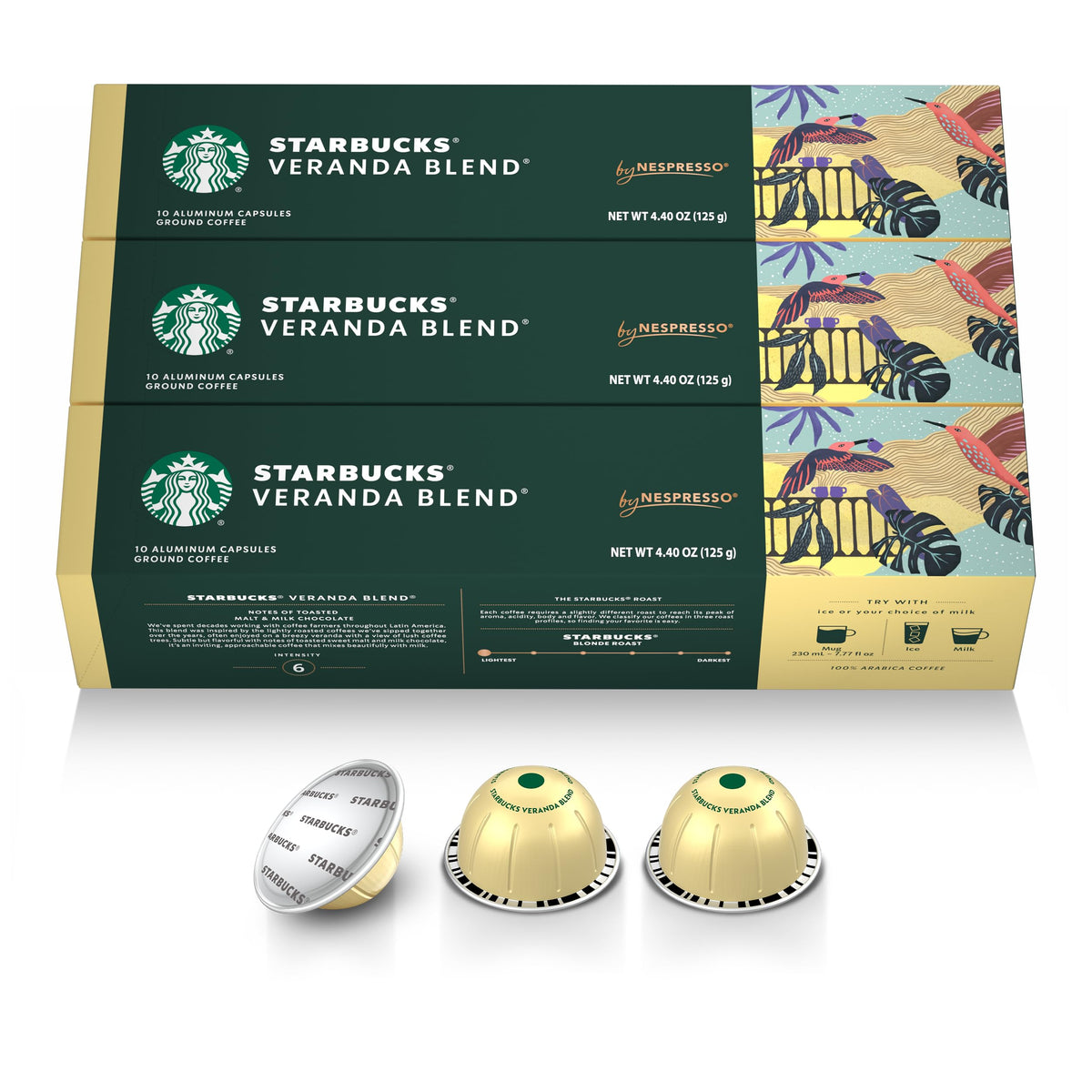 Starbucks Veranda Blonde Roast boxes, 30-count, ready for Vertuo brewing.