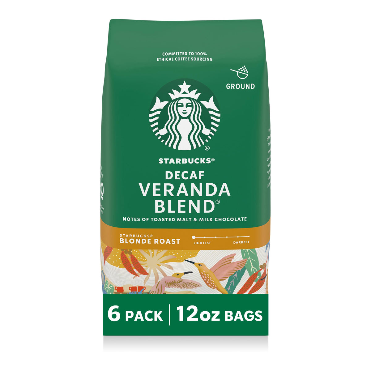 Starbucks Veranda Decaf ground coffee bags on display for easy morning brewing