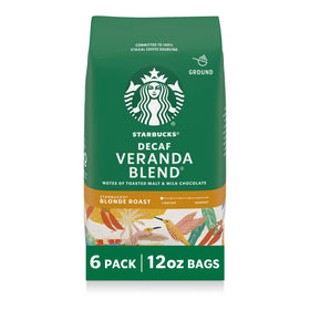 Starbucks Veranda Decaf ground coffee bags on display for easy morning brewing