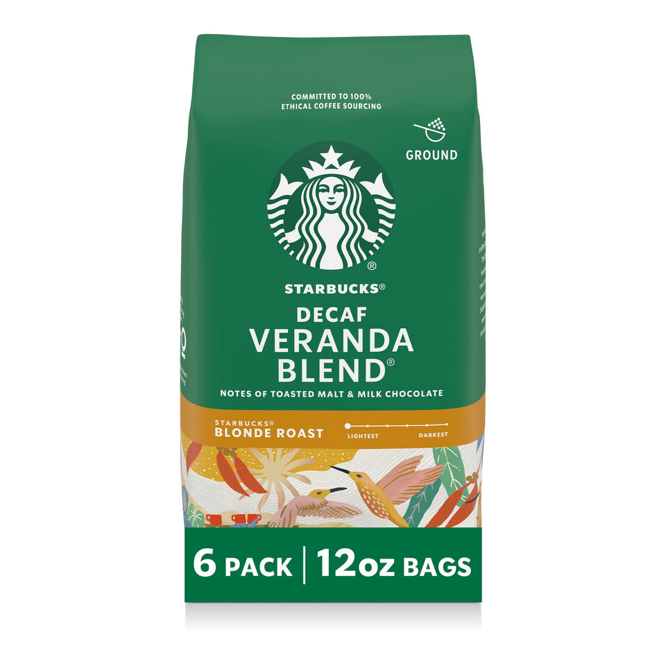 Starbucks Veranda Decaf ground coffee bags on display for easy morning brewing