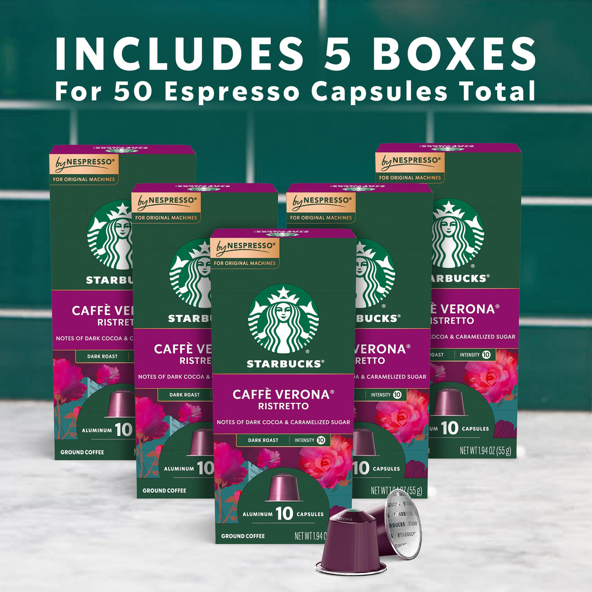 Starbucks Caffè Verona capsules close-up, showcasing rich dark roast aroma.
