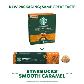 Starbucks Vertuo caramel capsules pour a balanced mug with buttery notes.