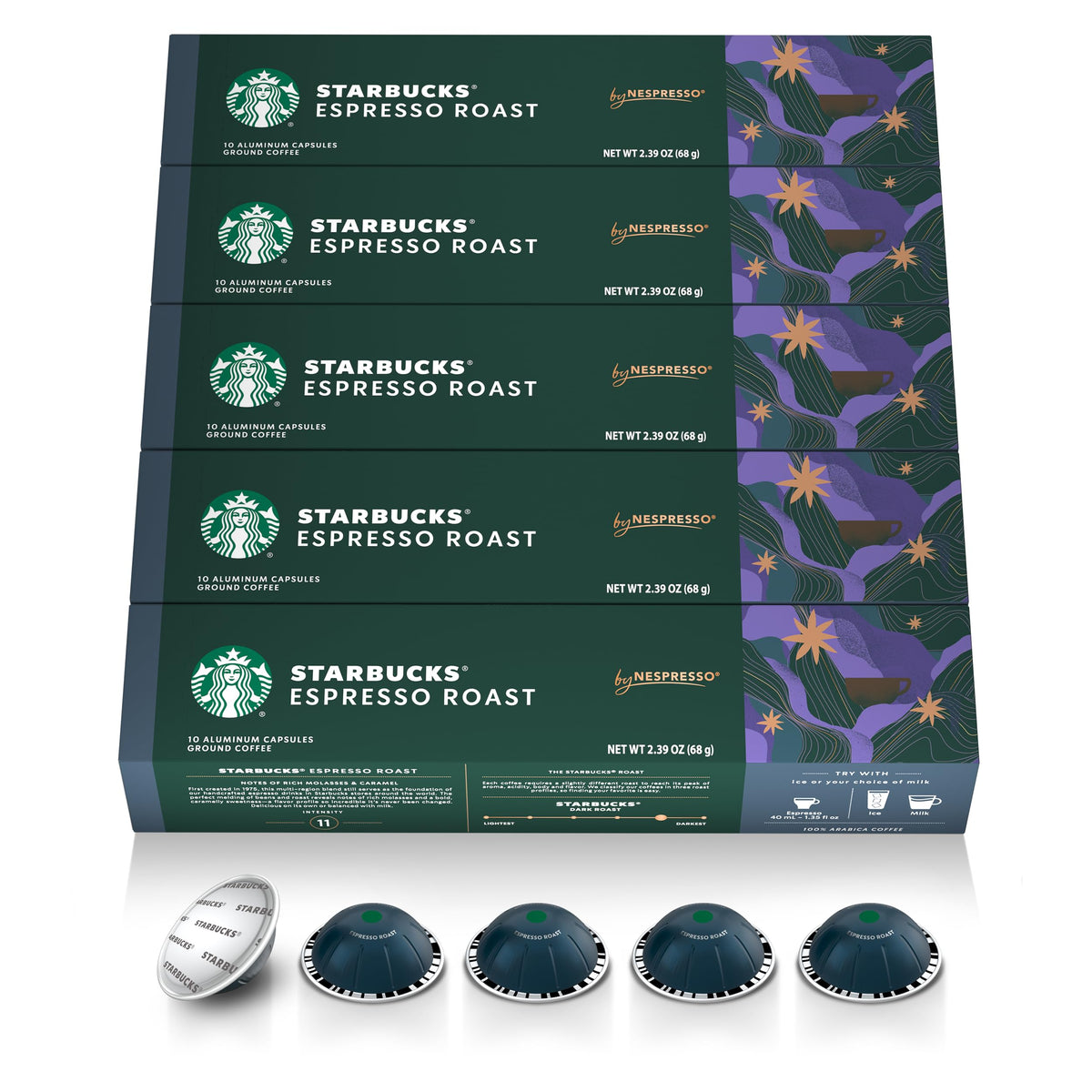 Starbucks Vertuo dark roast espresso pod pack close-up for rich crema